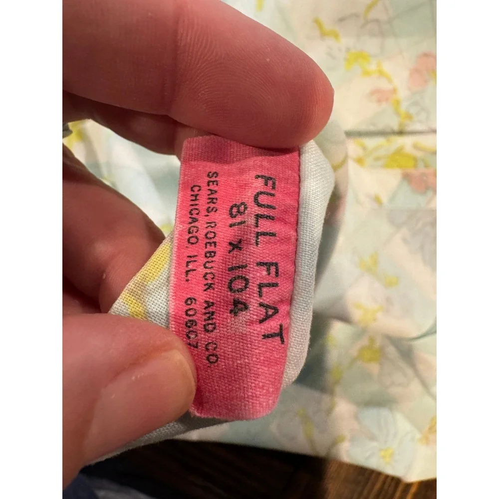 Sears Flat Sheet Full‎ Size Blue Pink Floral Lattice Vintage Lace Trim Good